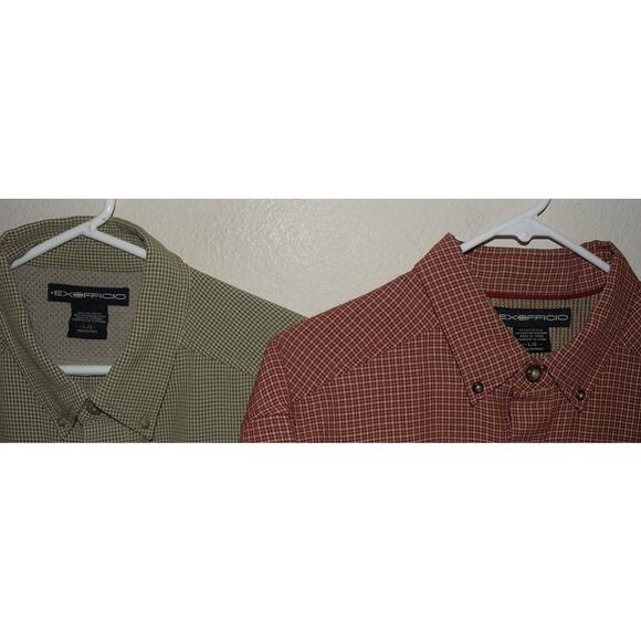 Lot 2 ExOfficio Men’s Large LS Button Fishing Shirts Green Red Plaid - Picture 2 of 3